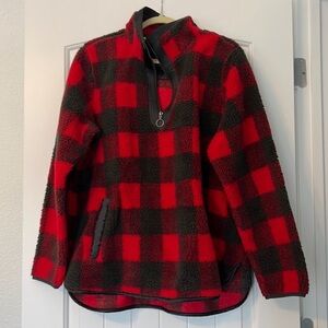 Abercrombie & Fitch Red Buffalo Plaid Sherpa Quarter Zip Pullover Jacket